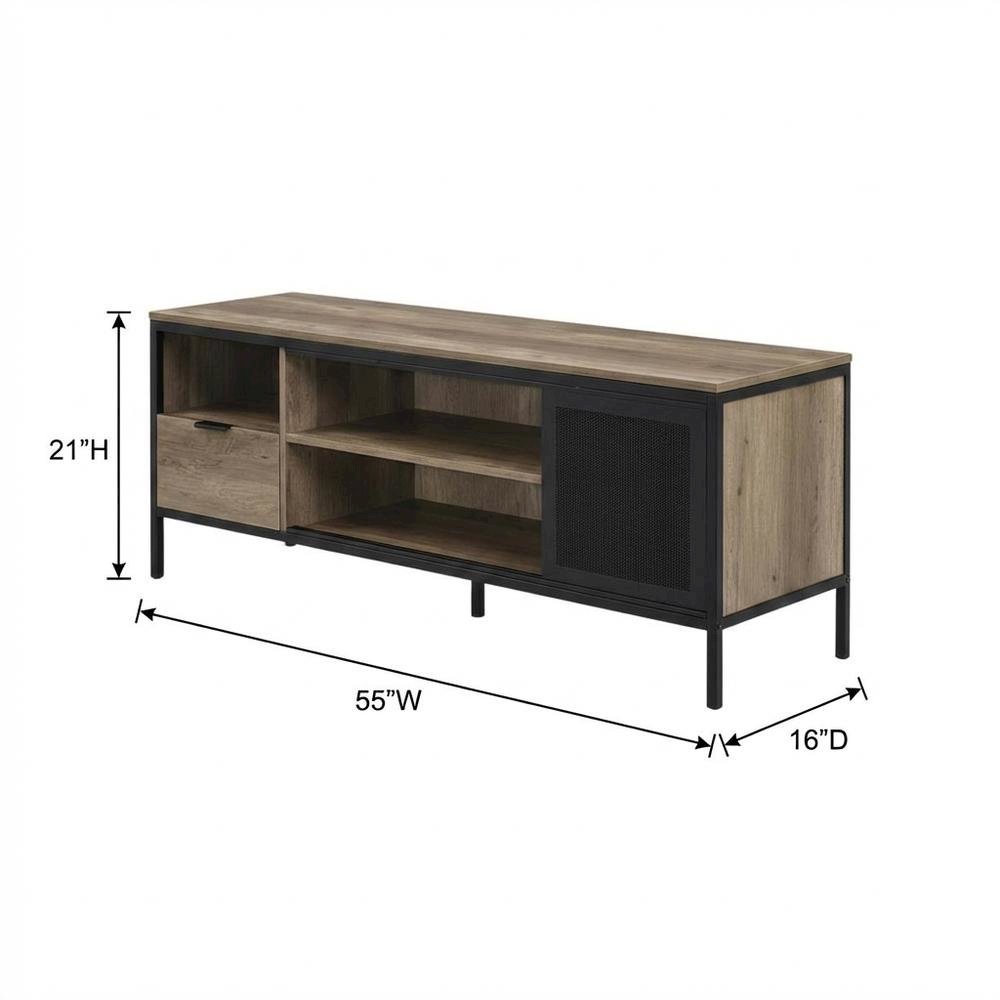 Industrial-style TV stand in Rustic Oak and Black finish with metal accents. Picture 7