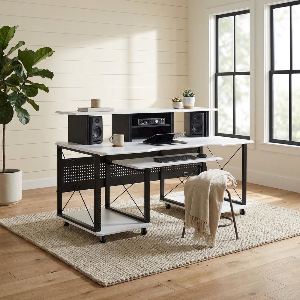White And Black Finish Music Desk With Industrial Style And Rectangular Surface. Picture 3