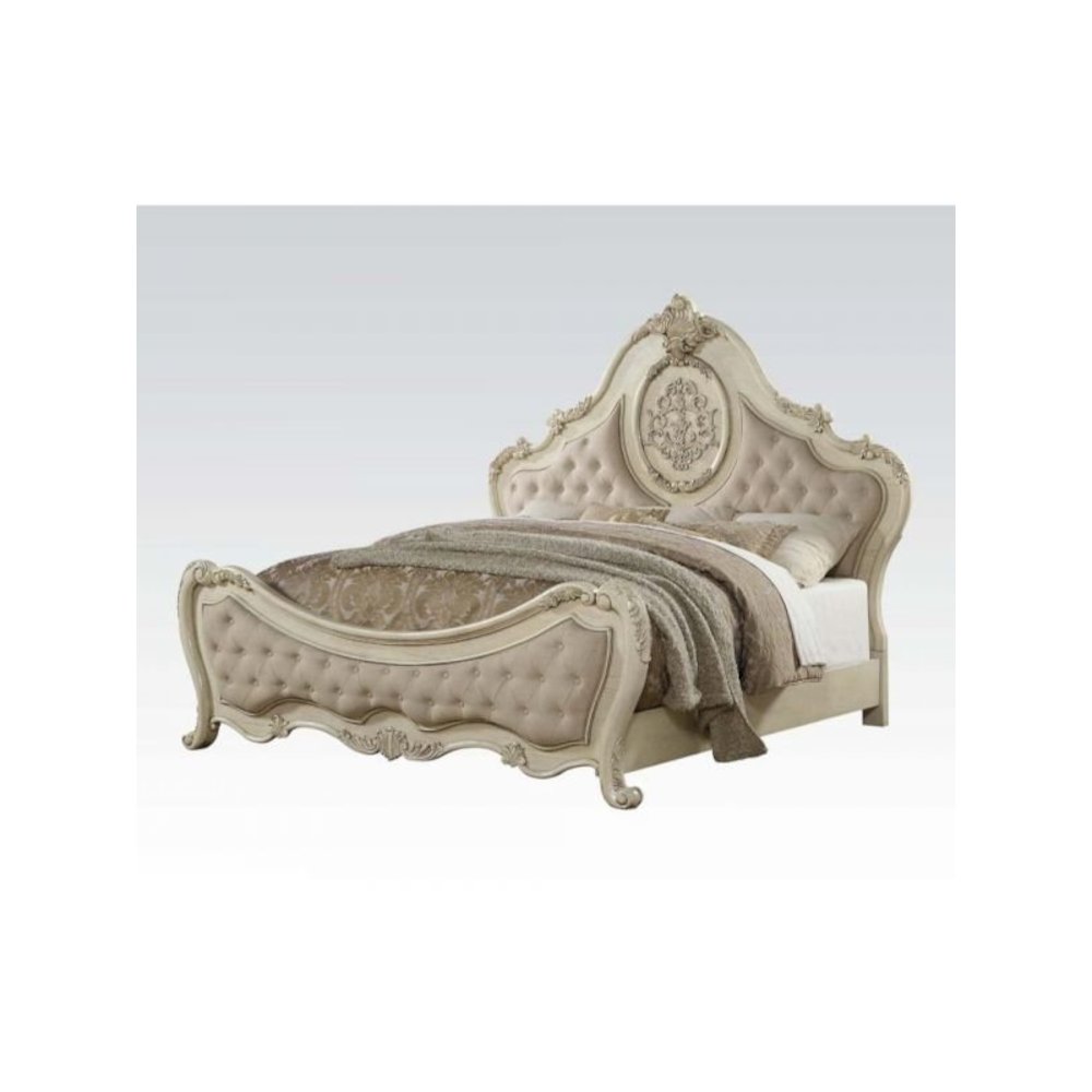 Ragenardus Eastern King Bed Beige Linen & Antique White. Picture 1