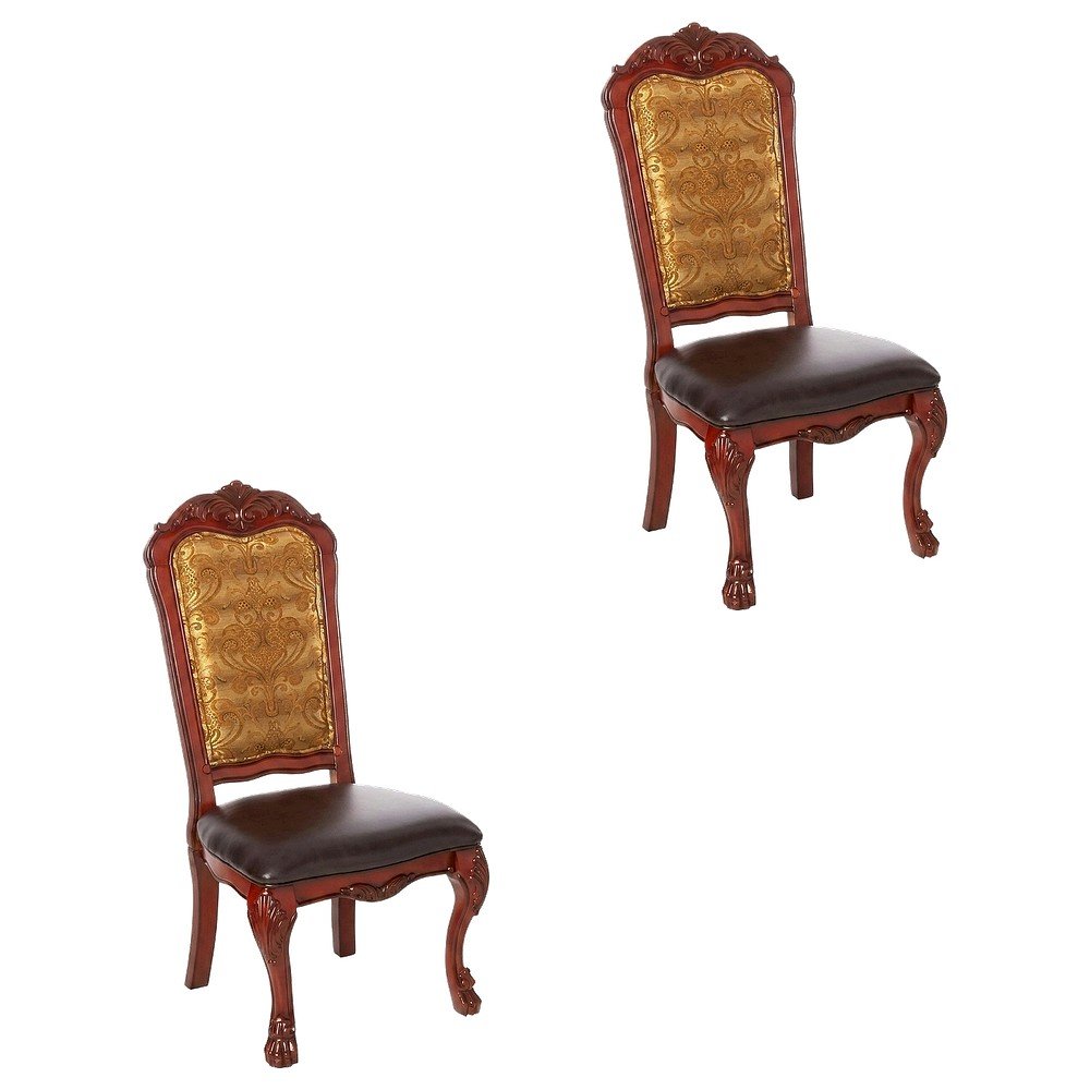 PU Leather Dining Chair with Floral Fabric Back, Synthetic Leather & Cherry Oak, Set of 2. Picture 1
