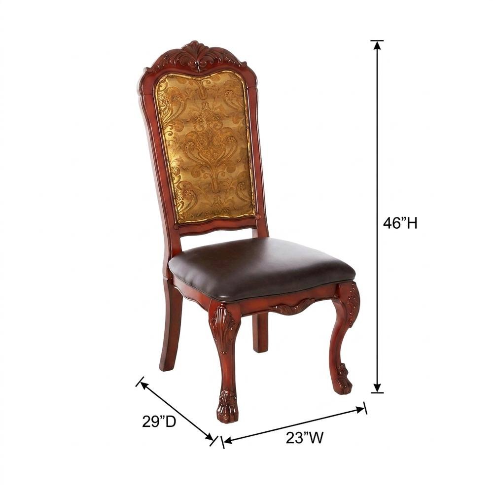 PU Leather Dining Chair with Floral Fabric Back, Synthetic Leather & Cherry Oak, Set of 2. Picture 6