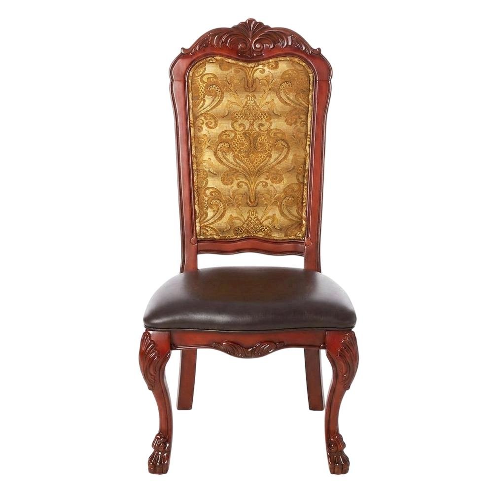 PU Leather Dining Chair with Floral Fabric Back, Synthetic Leather & Cherry Oak, Set of 2. Picture 3