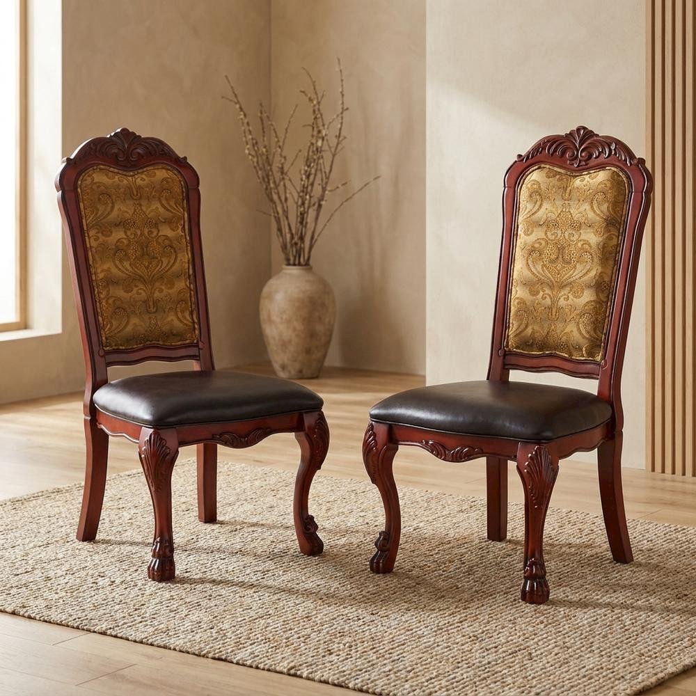 PU Leather Dining Chair with Floral Fabric Back, Synthetic Leather & Cherry Oak, Set of 2. Picture 5