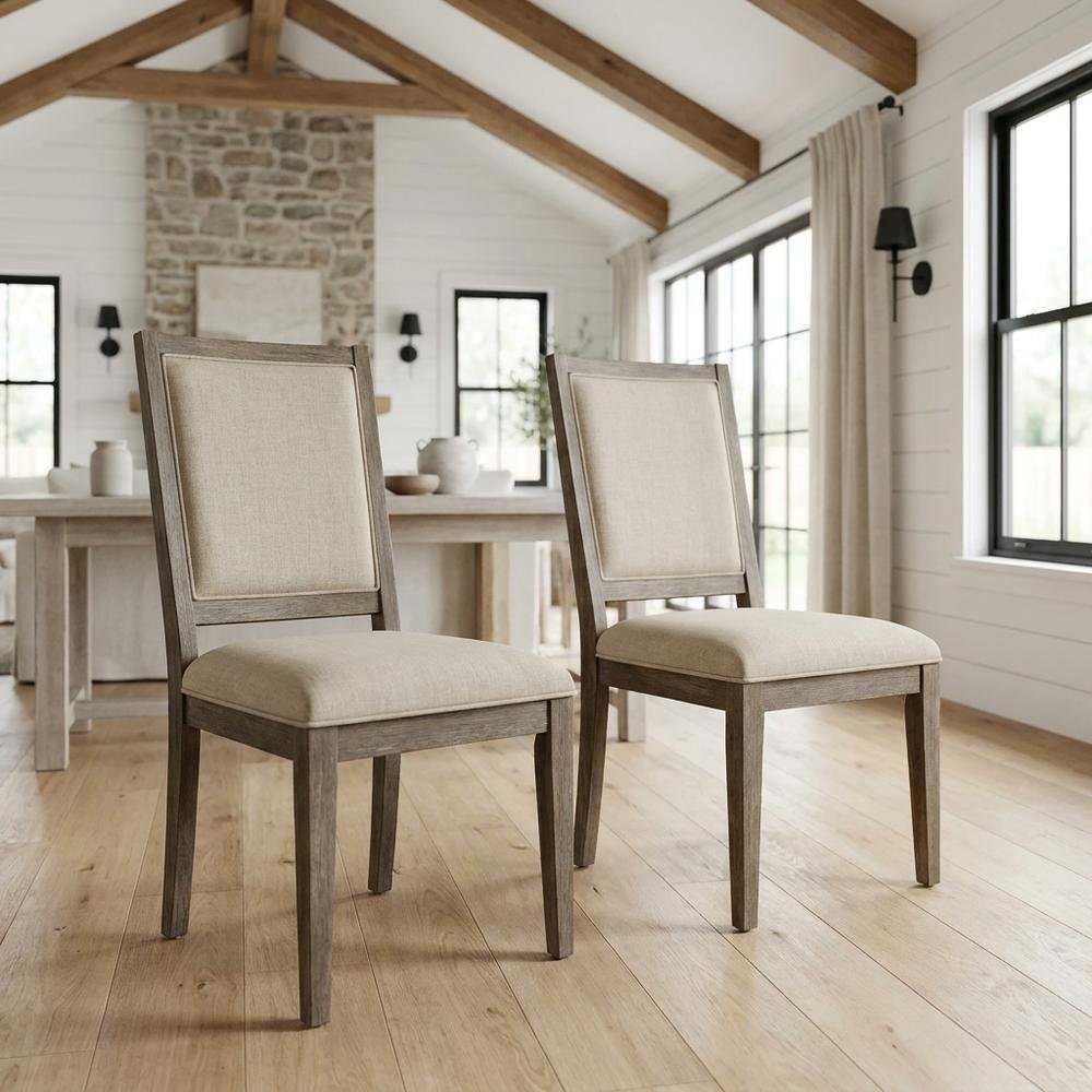 Upholstered Dining Chairs, Wood Side Chairs, Fabric & Reclaimed Gray, Set of 2. Picture 3