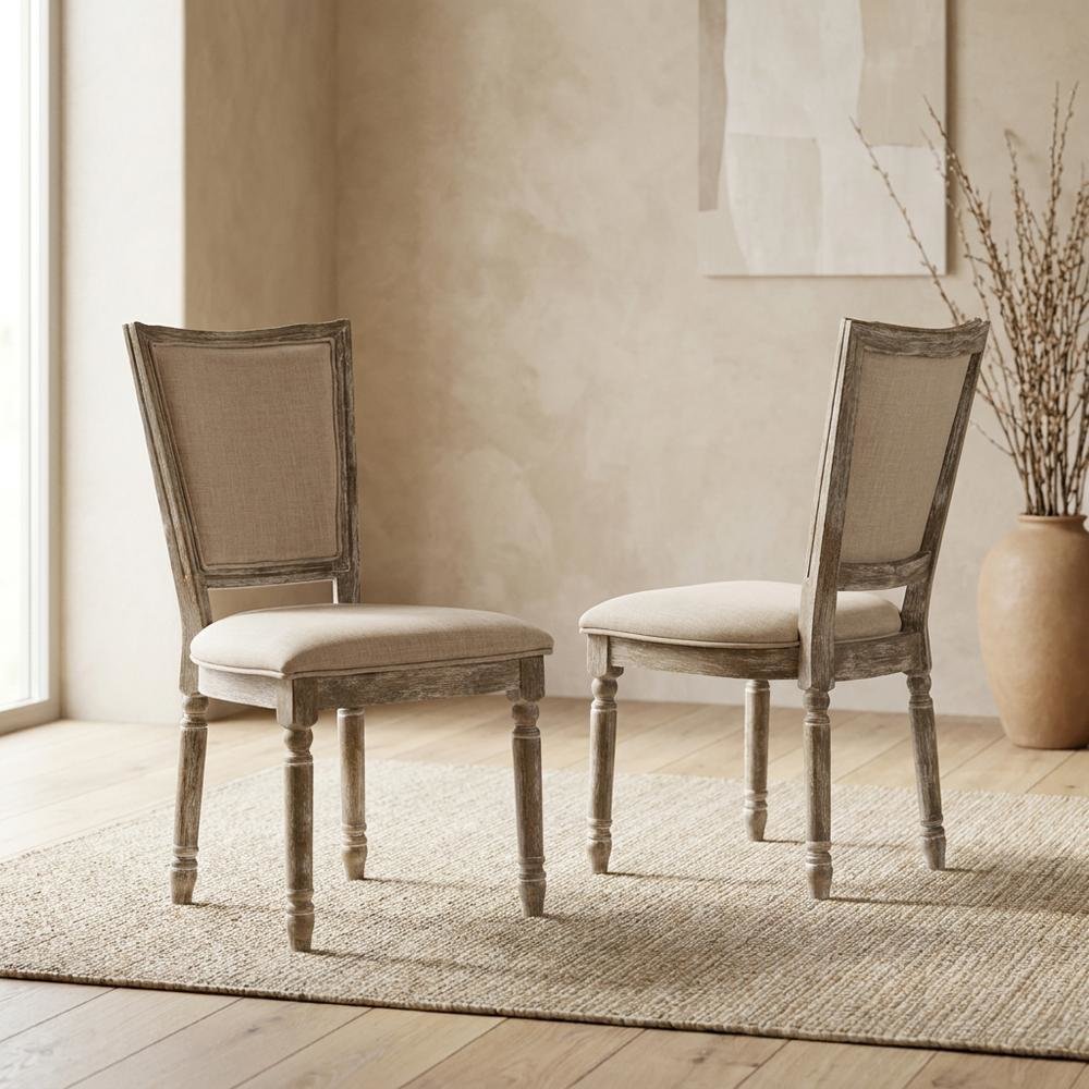 Upholstered Dining Chairs, Wood Side Chairs, Fabric & Reclaimed Gray, Set of 2. Picture 4