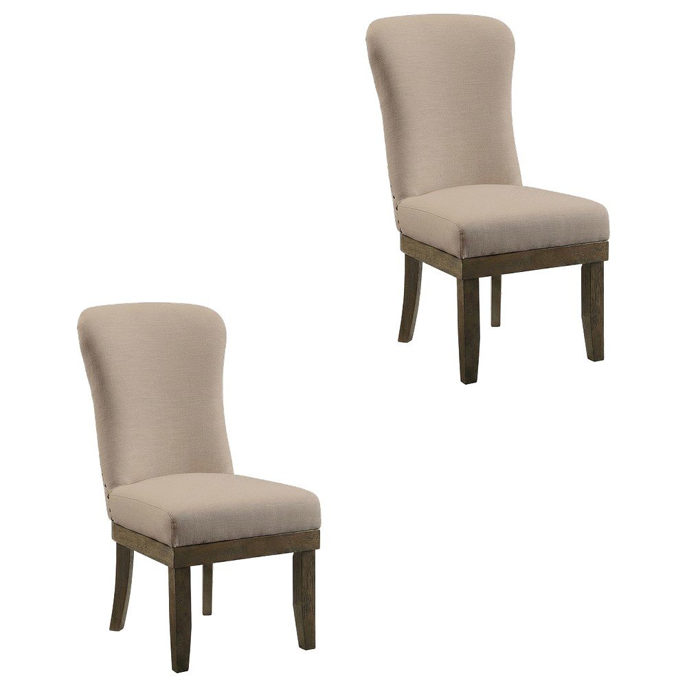 Linen Dining Side Chairs with Wood Frame, Beige Linen & Salvage Brown, Set of 2. Picture 1