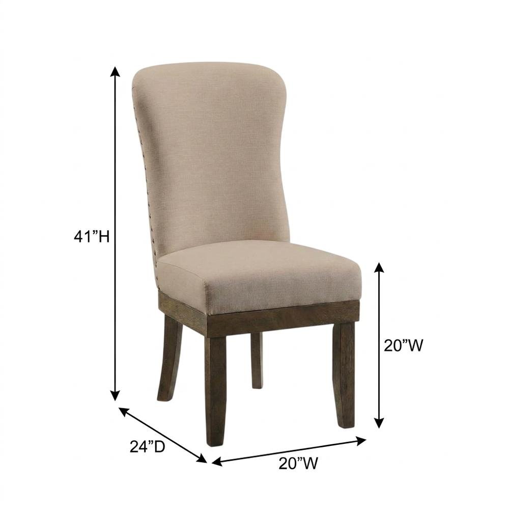Linen Dining Side Chairs with Wood Frame, Beige Linen & Salvage Brown, Set of 2. Picture 6