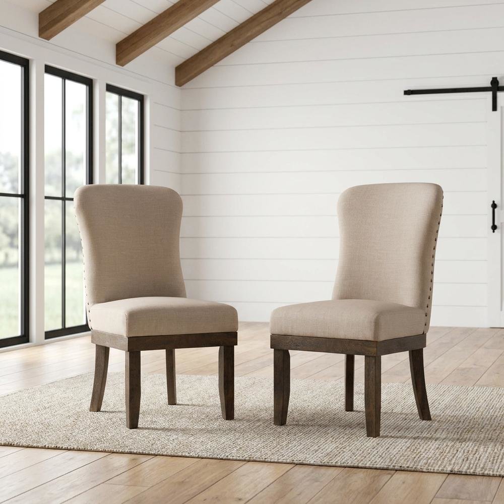 Linen Dining Side Chairs with Wood Frame, Beige Linen & Salvage Brown, Set of 2. Picture 3