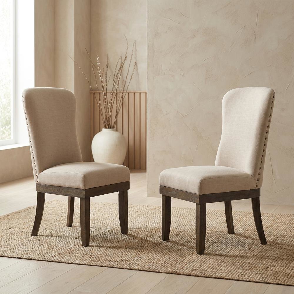 Linen Dining Side Chairs with Wood Frame, Beige Linen & Salvage Brown, Set of 2. Picture 4