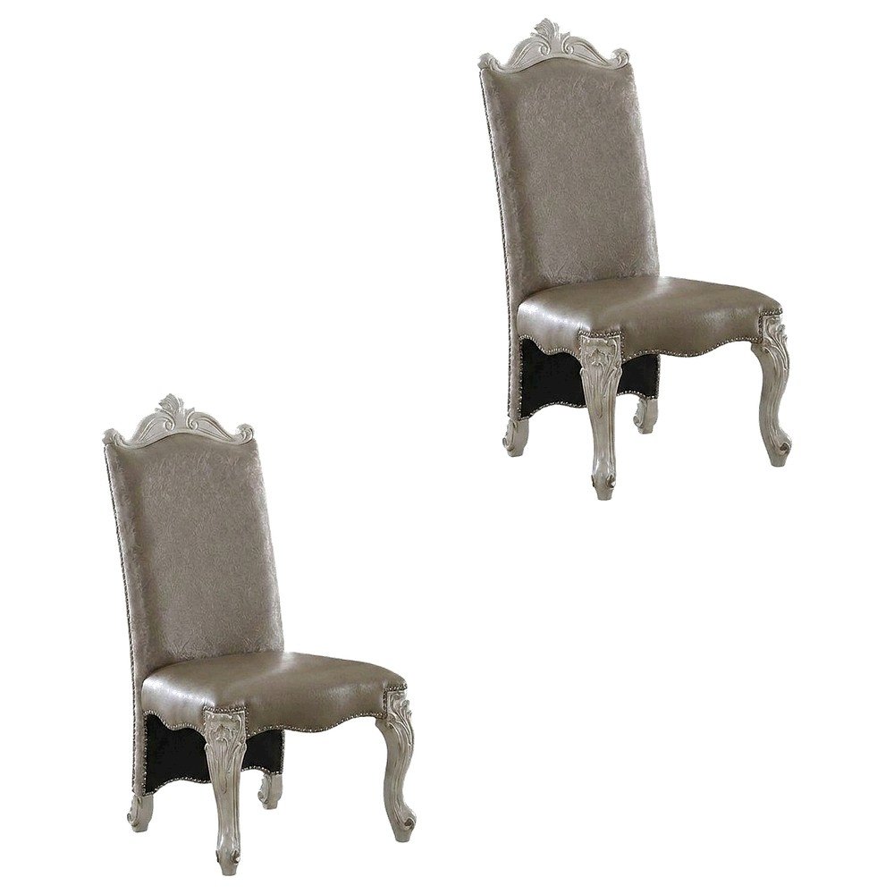 Upholstered PU Leather and Fabric Dining Chair with Wood Veneer Frames, Blue, Set of 2. Picture 1