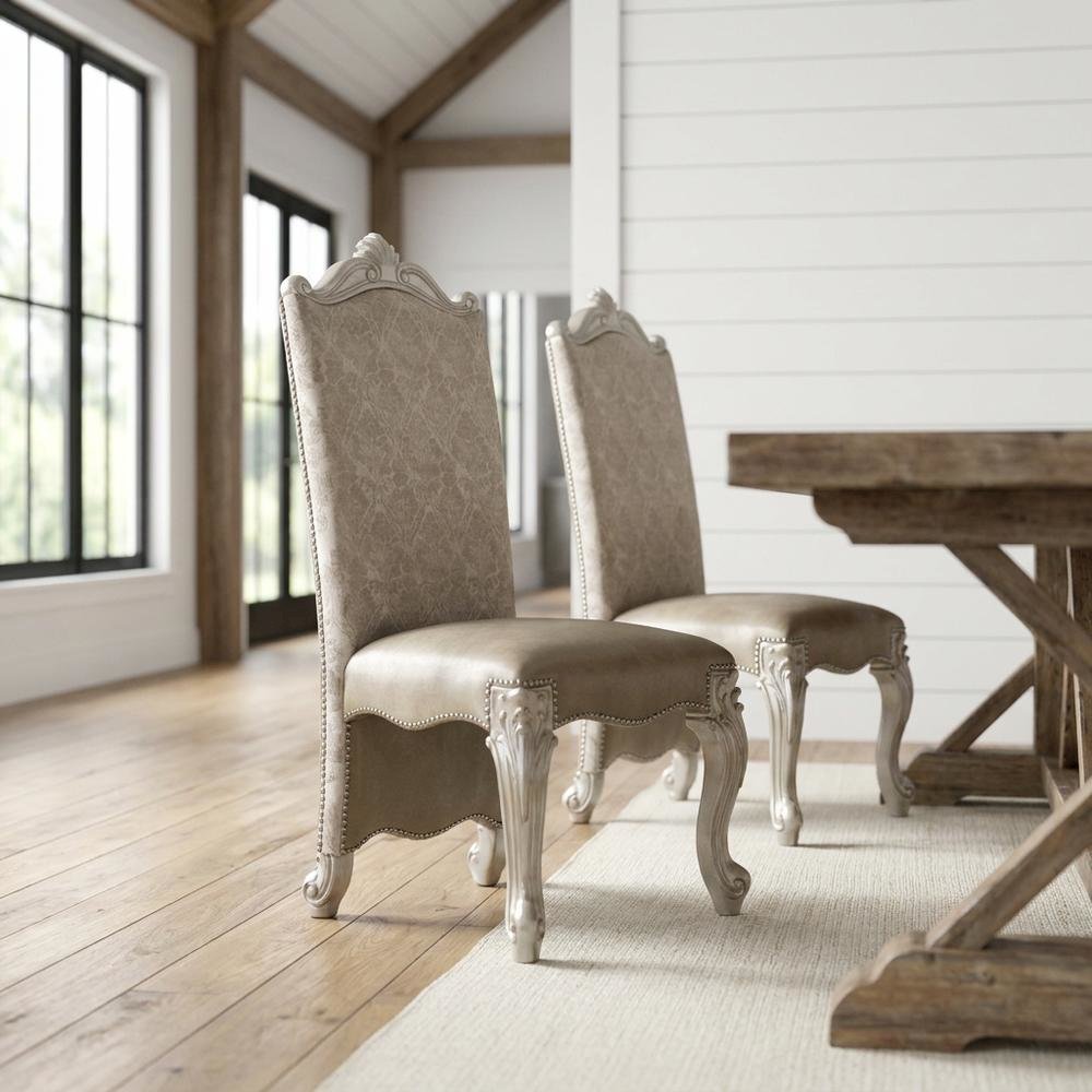 Upholstered PU Leather and Fabric Dining Chair with Wood Veneer Frames, Blue, Set of 2. Picture 3