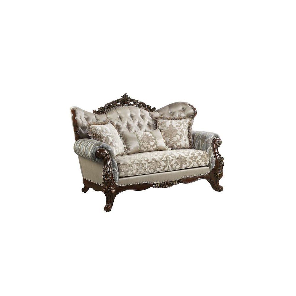 Benbek Loveseat w/3 Pillows in Fabric & Antique Oak Finish. Picture 1