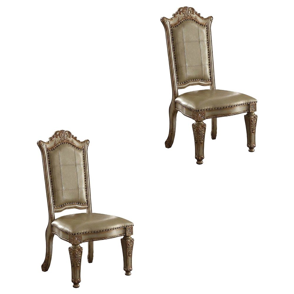 PU Leather Dining Side Chair with Gold Patina Wood Frame, Set of 2, Gold Platina. Picture 1