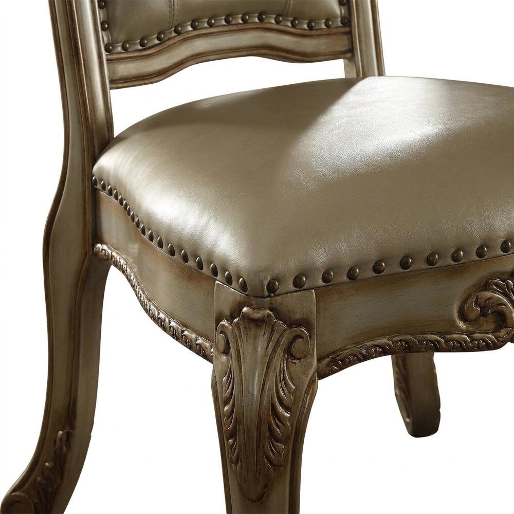 PU Leather Dining Side Chair with Gold Patina Wood Frame, Set of 2, Gold Platina. Picture 8