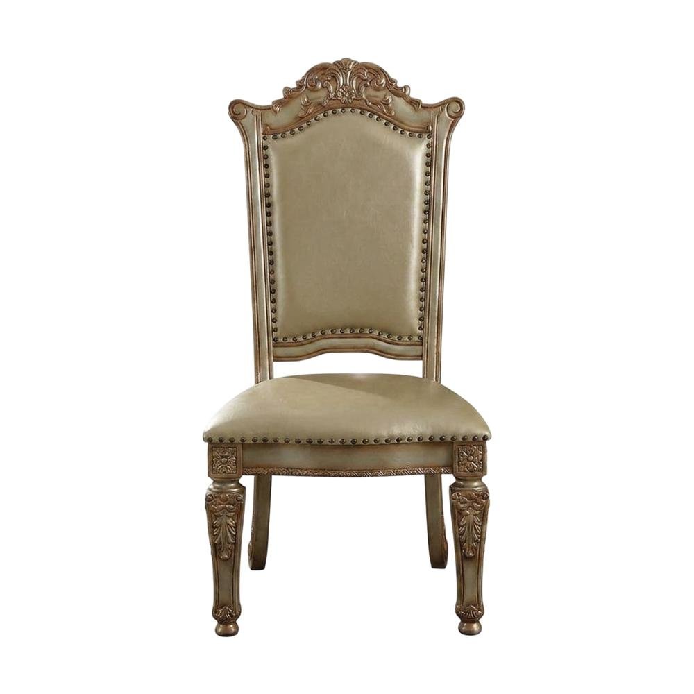 PU Leather Dining Side Chair with Gold Patina Wood Frame, Set of 2, Gold Platina. Picture 2