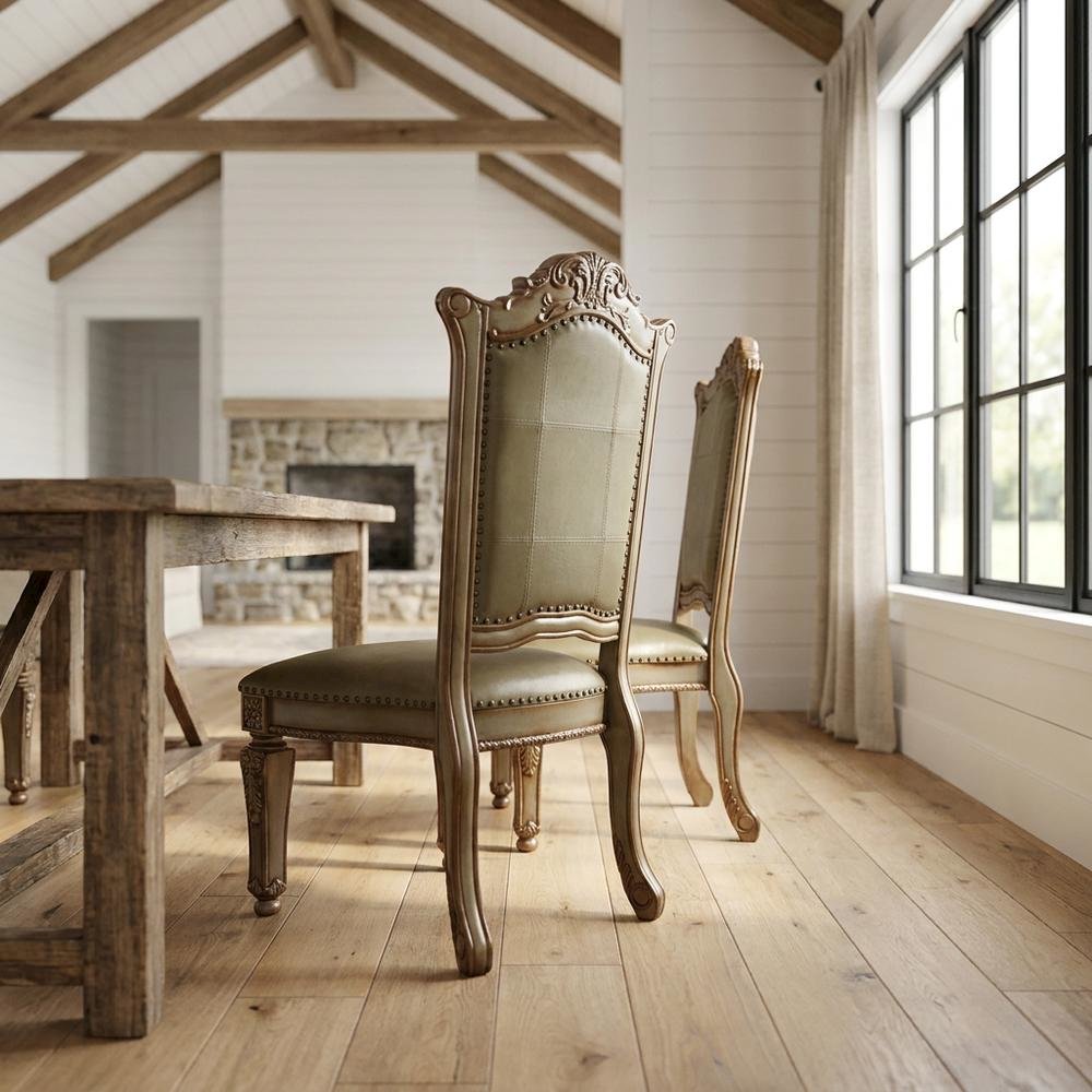 PU Leather Dining Side Chair with Gold Patina Wood Frame, Set of 2, Gold Platina. Picture 3