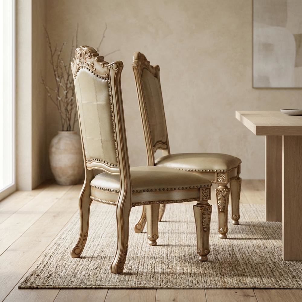 PU Leather Dining Side Chair with Gold Patina Wood Frame, Set of 2, Gold Platina. Picture 4