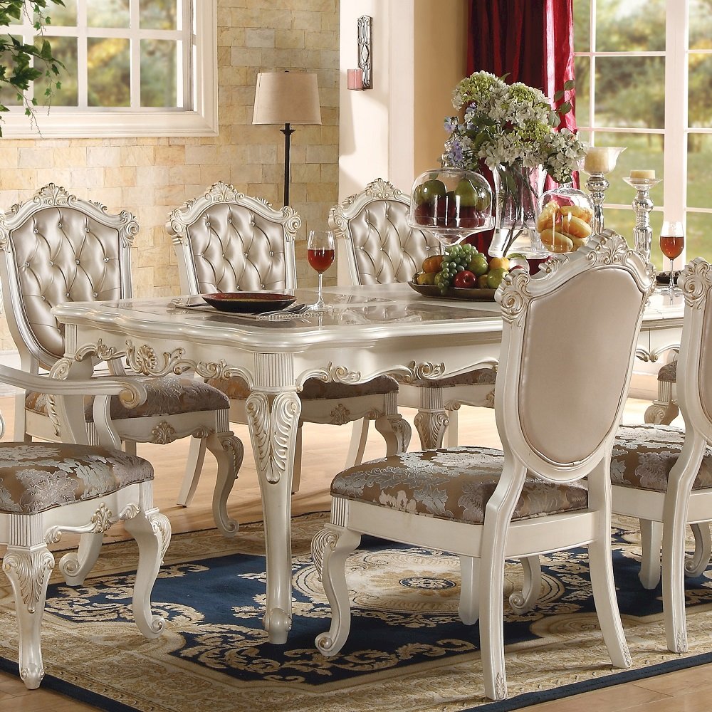 Chantelle Dining Table Natural Marble Top & Pearl White. Picture 1