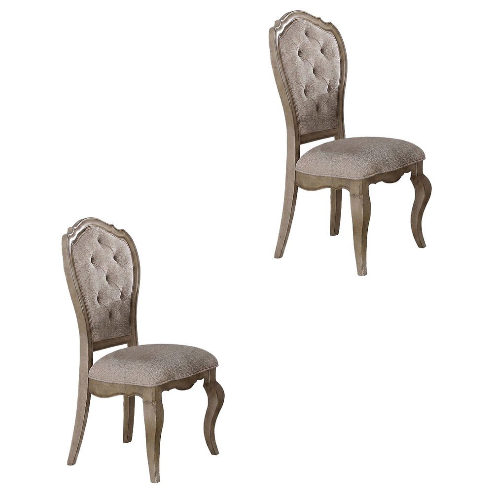 Fabric Dining Chairs with Wood Veneer Frame, Beige Fabric & Antique Taupe, Set of 2. Picture 1