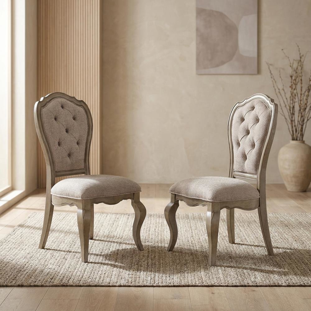 Fabric Dining Chairs with Wood Veneer Frame, Beige Fabric & Antique Taupe, Set of 2. Picture 5