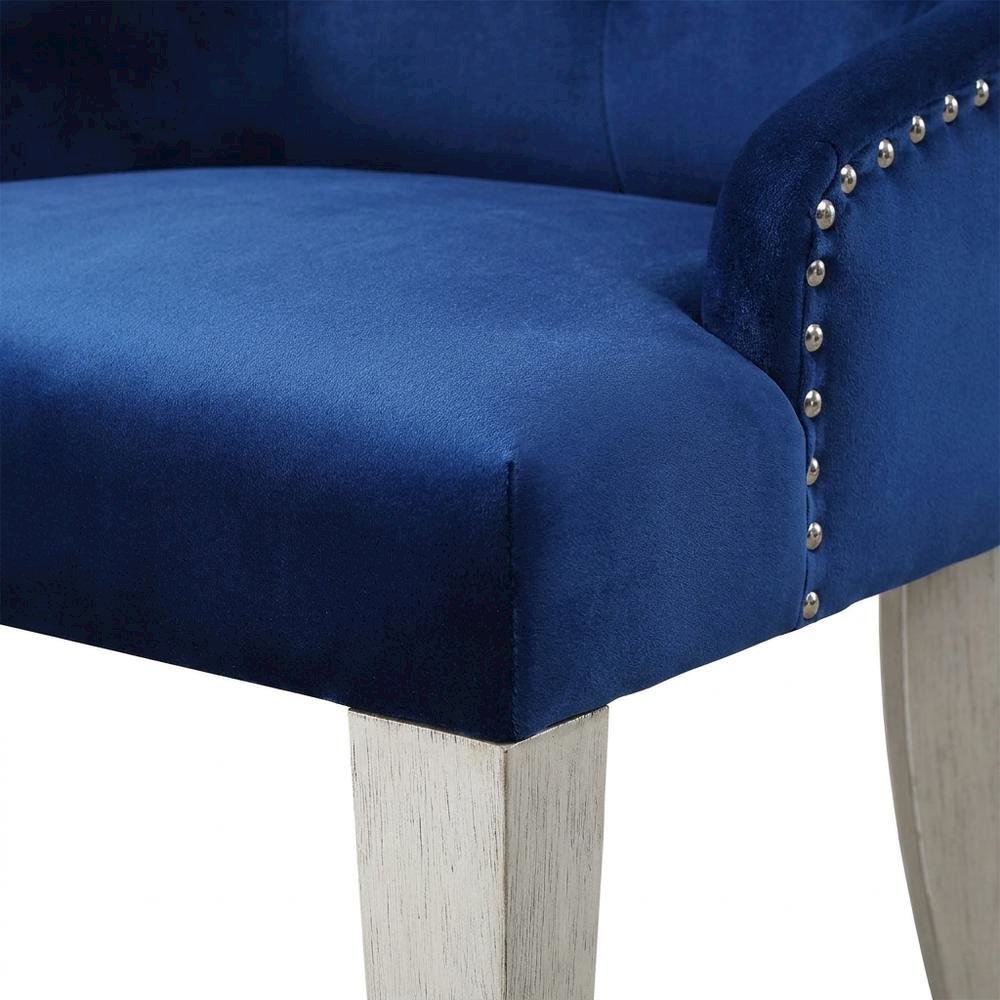 Glam Accent Chair with Mirrored Accents, Blue Fabric & Antique Platinum. Picture 7