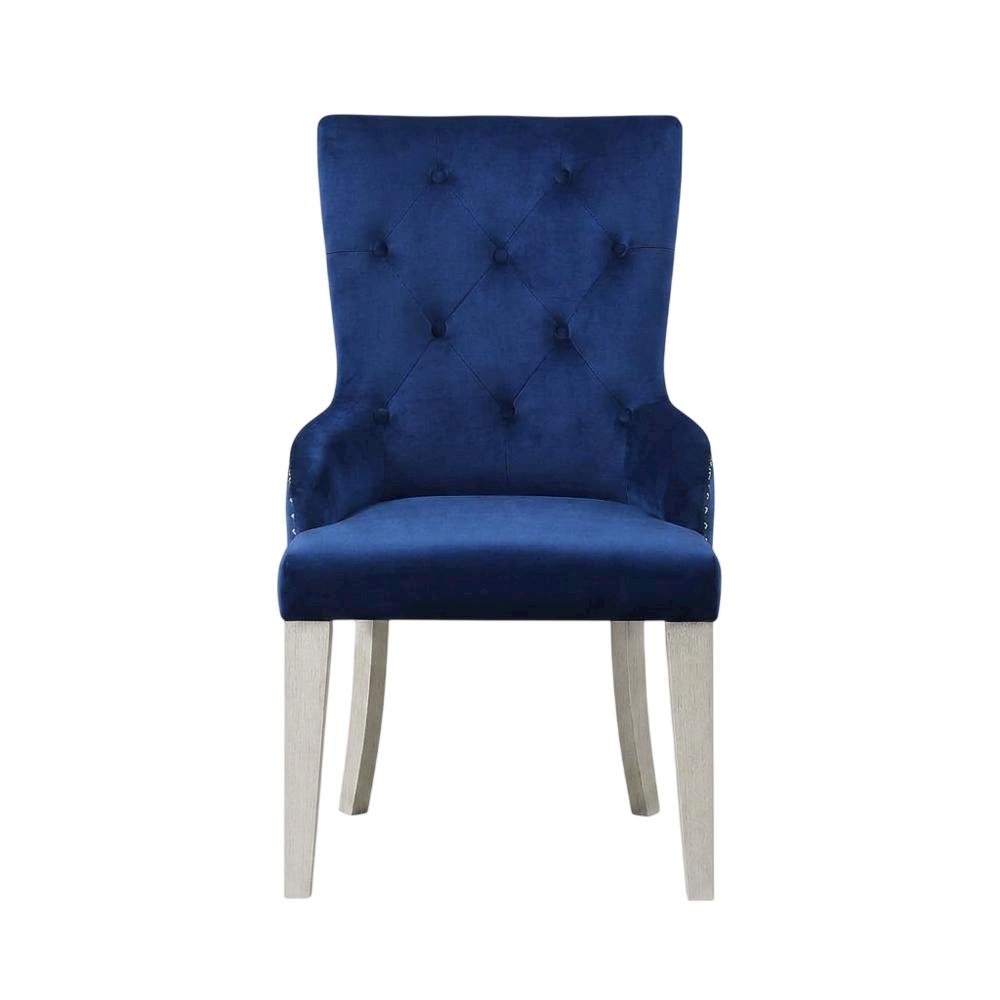 Glam Accent Chair with Mirrored Accents, Blue Fabric & Antique Platinum. Picture 1