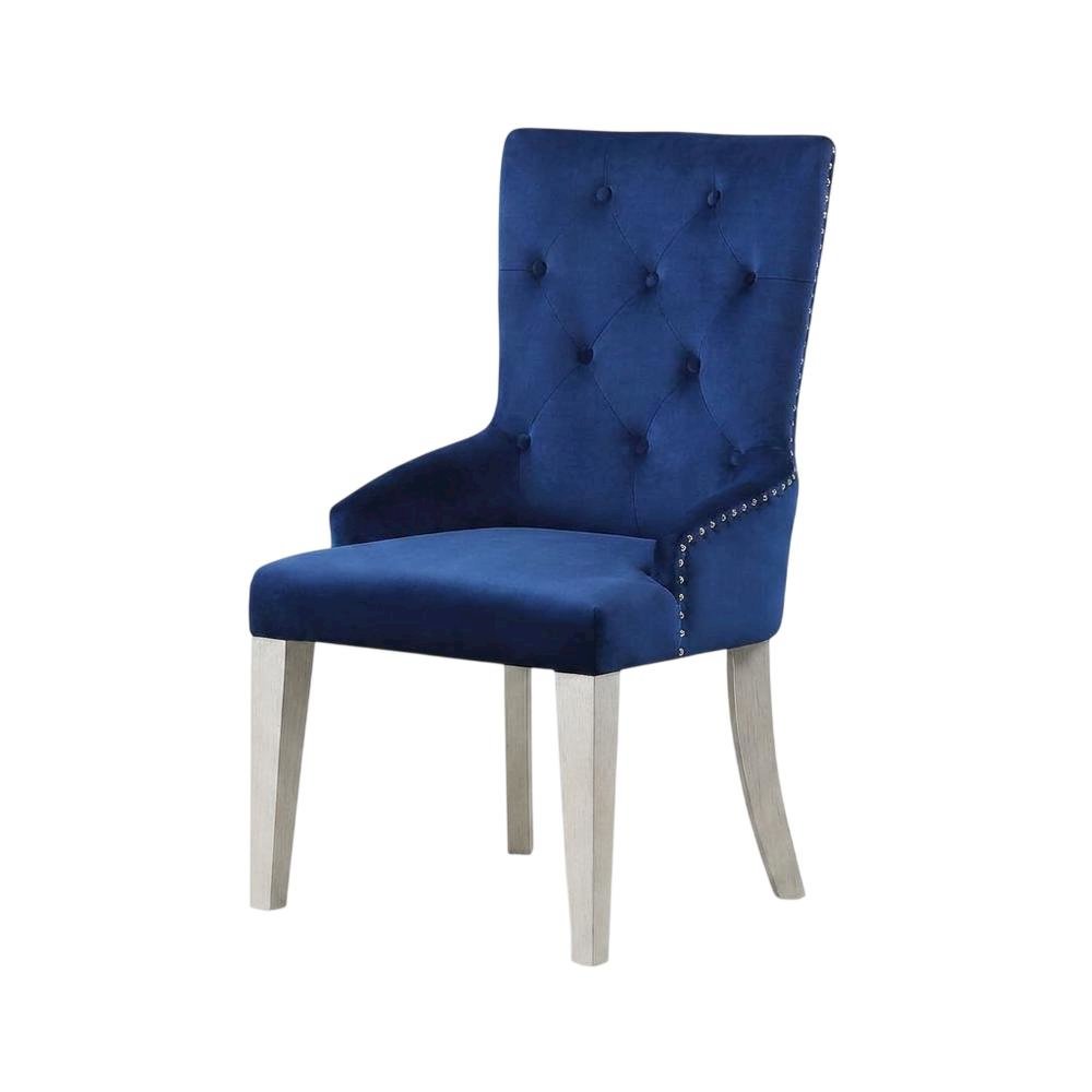 Glam Accent Chair with Mirrored Accents, Blue Fabric & Antique Platinum. Picture 4
