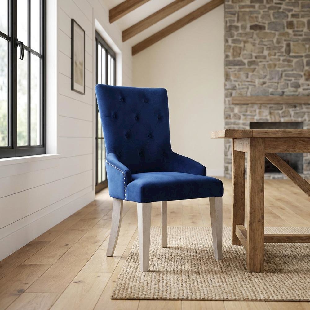 Glam Accent Chair with Mirrored Accents, Blue Fabric & Antique Platinum. Picture 2