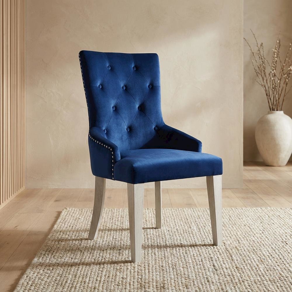 Glam Accent Chair with Mirrored Accents, Blue Fabric & Antique Platinum. Picture 3