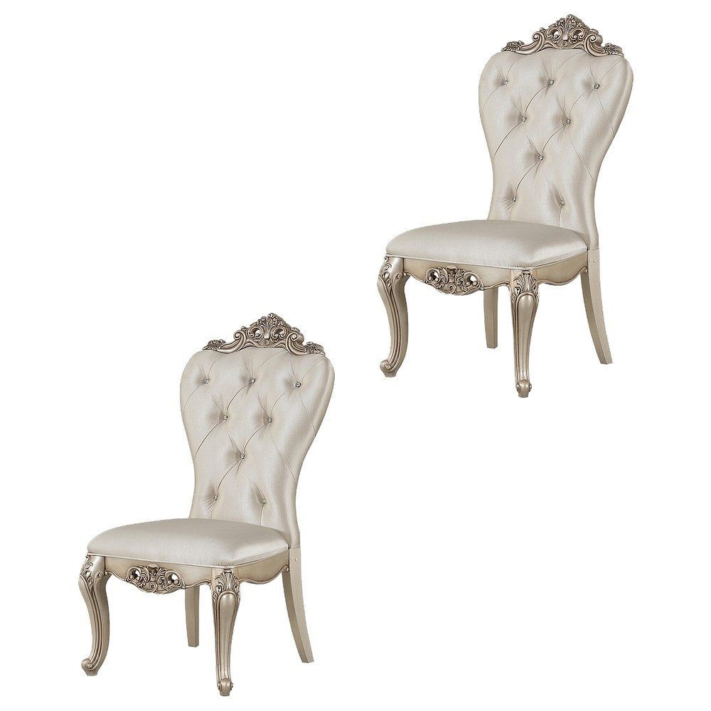 Fabric Accent Dining Chair with Wooden Legs, Cream Fabric & Golden Ivory, Set of 2. Picture 1