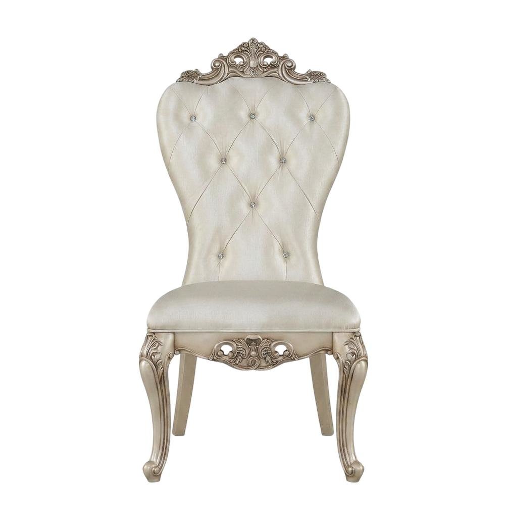 Fabric Accent Dining Chair with Wooden Legs, Cream Fabric & Golden Ivory, Set of 2. Picture 2