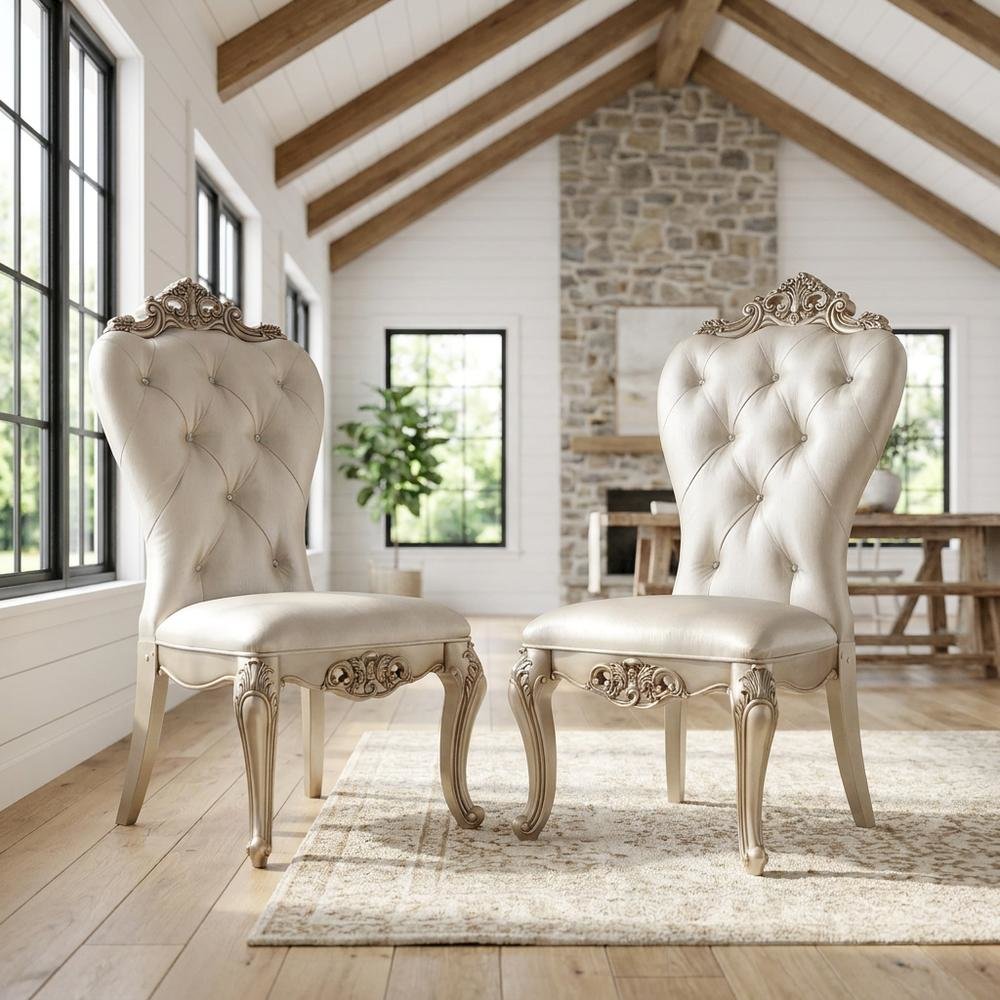 Fabric Accent Dining Chair with Wooden Legs, Cream Fabric & Golden Ivory, Set of 2. Picture 3