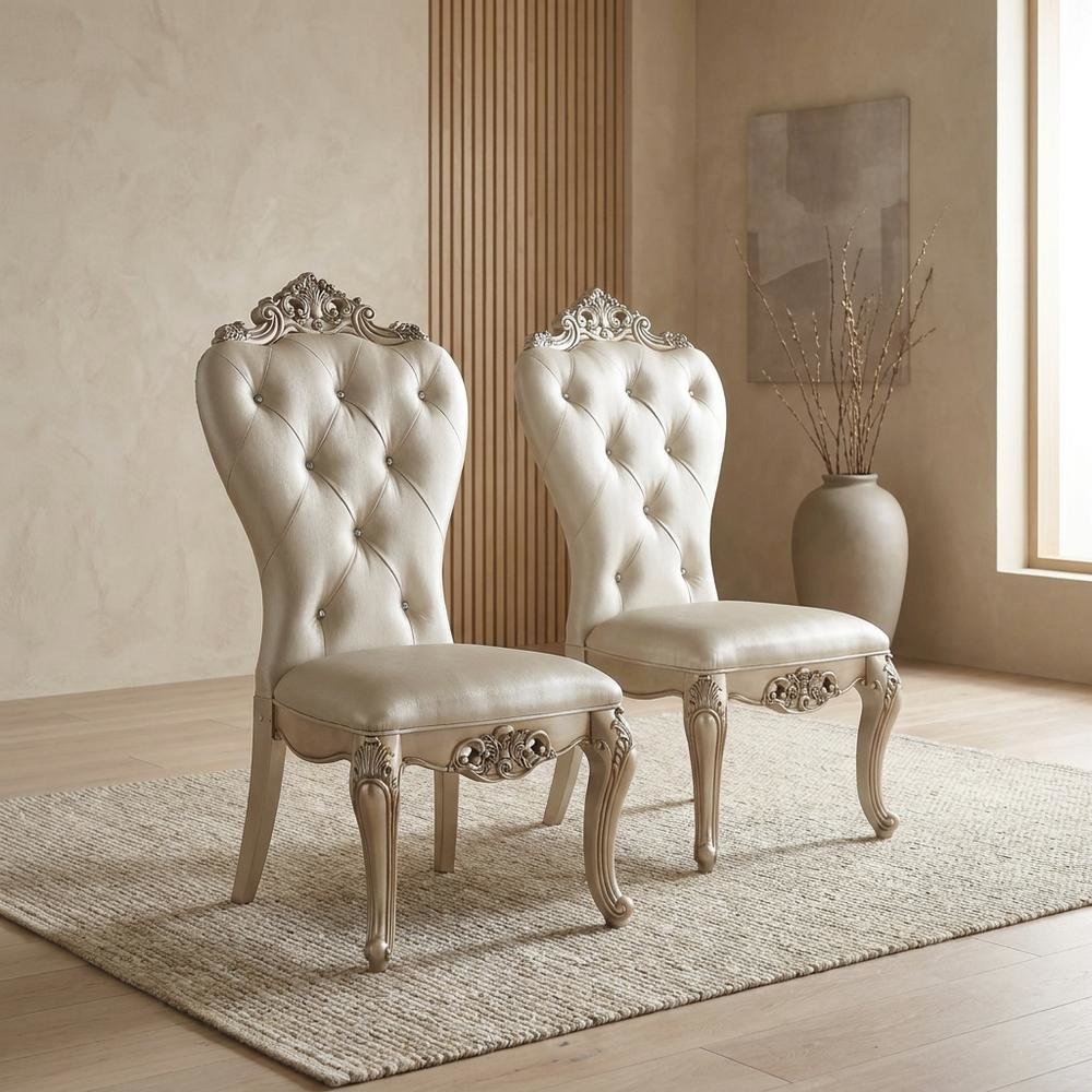 Fabric Accent Dining Chair with Wooden Legs, Cream Fabric & Golden Ivory, Set of 2. Picture 4