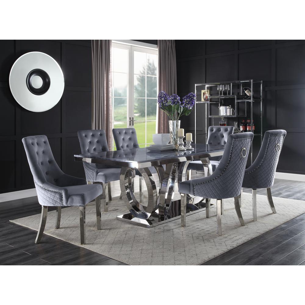 ACME Satinka Side Chair, Gray Fabric & Mirrored Silver Finish. Picture 2