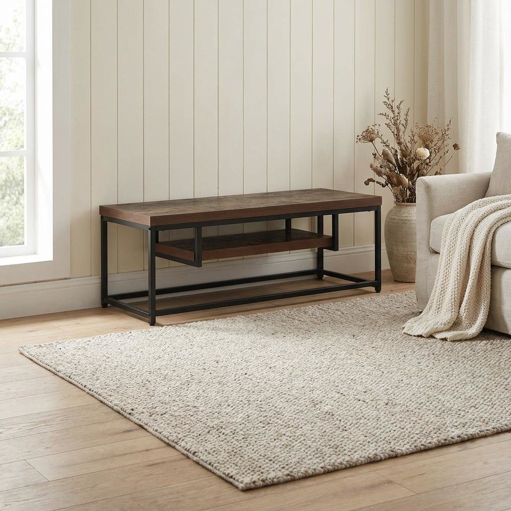 Weathered Oak & Black Metal TV Stand with Elegant Storage Design. Picture 3