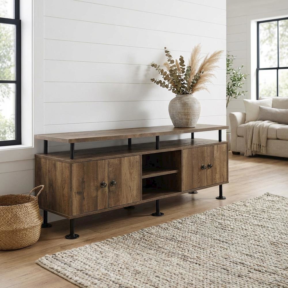Rustic Oak, Black Finish TV Stand, Industrial Style, Multi-Color Design. Picture 2