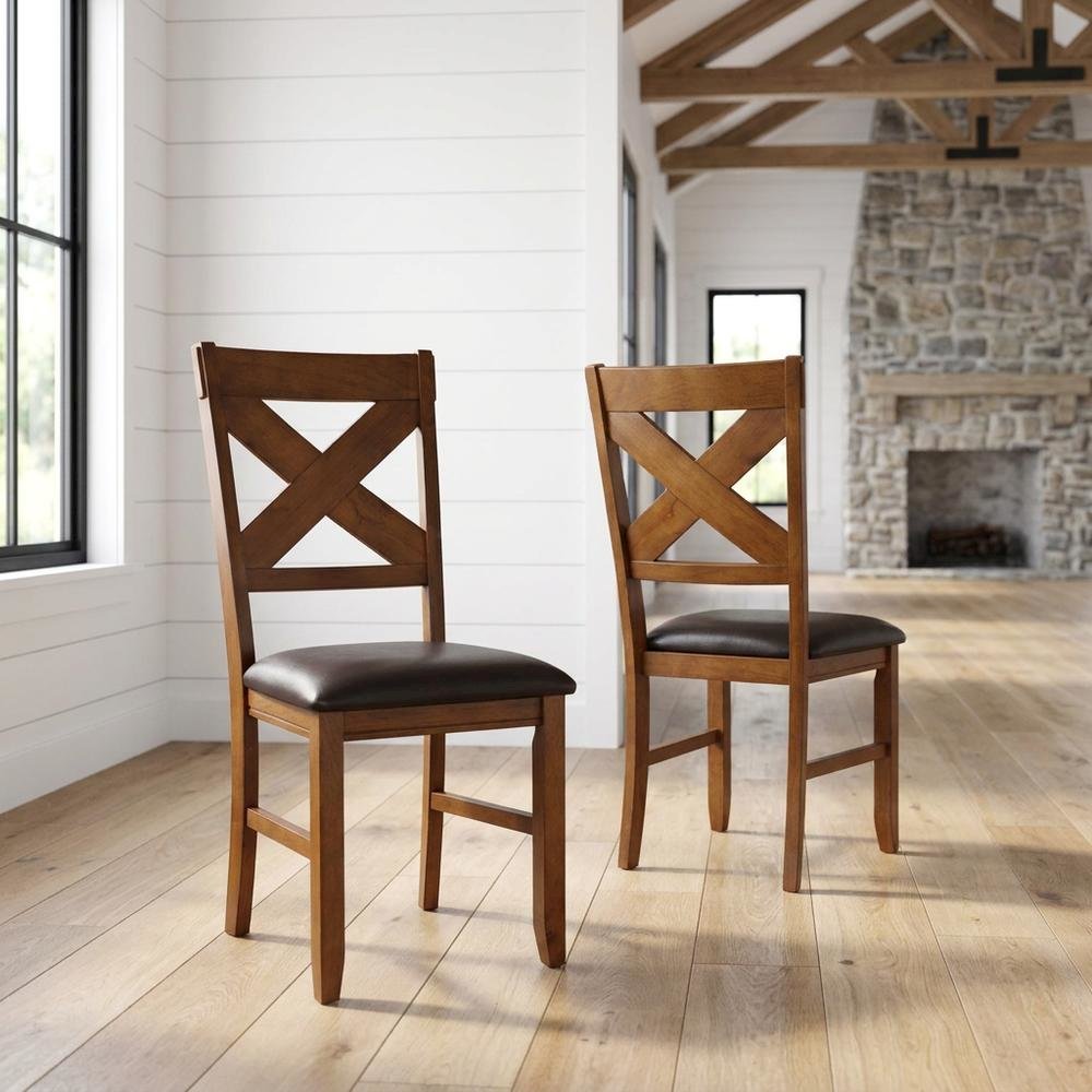 Dining Chairs with Walnut Wood Legs, Espresso Synthetic Leather & Walnut, Set of 2. Picture 2
