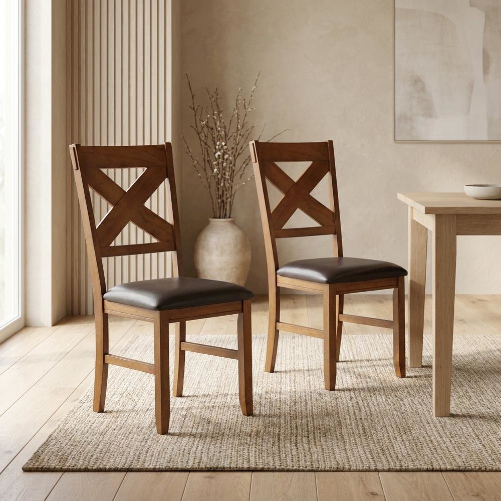 Dining Chairs with Walnut Wood Legs, Espresso Synthetic Leather & Walnut, Set of 2. Picture 3