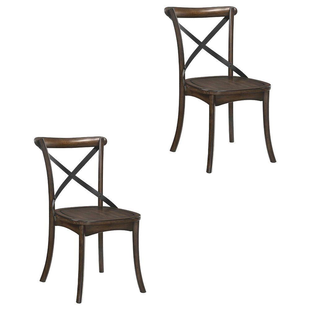 Wood Veneer Armless Dining Chair with Metal X-Back, Dark Oak & Black, Set of 2. Picture 1