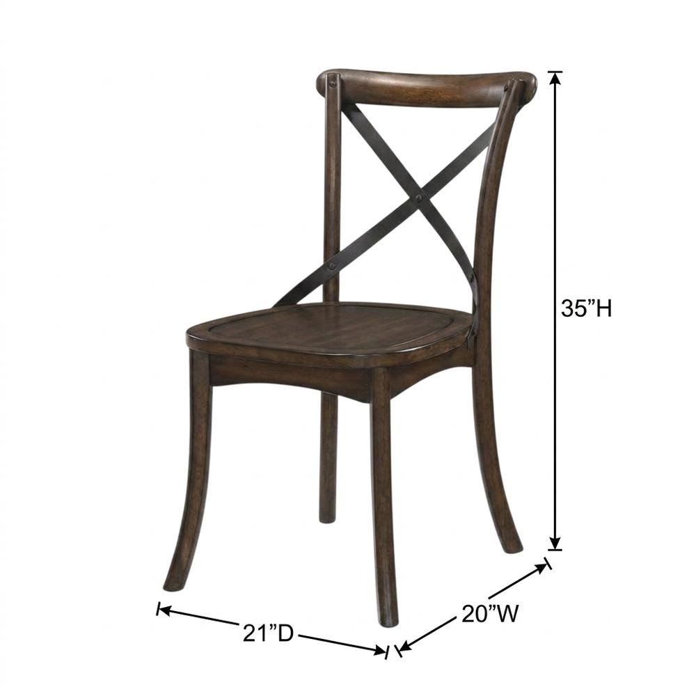 Wood Veneer Armless Dining Chair with Metal X-Back, Dark Oak & Black, Set of 2. Picture 6