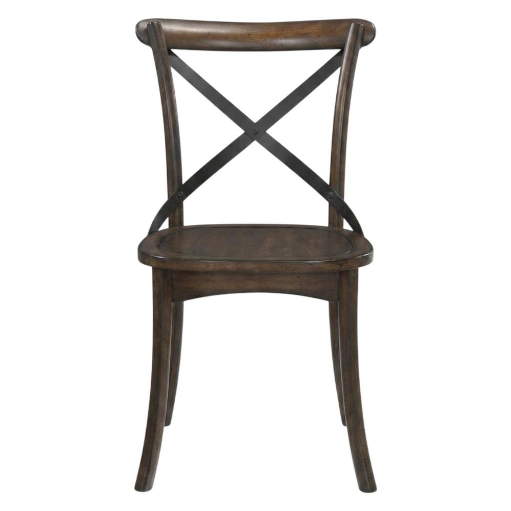Wood Veneer Armless Dining Chair with Metal X-Back, Dark Oak & Black, Set of 2. Picture 2