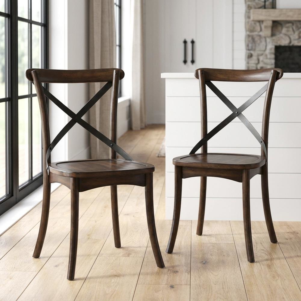 Wood Veneer Armless Dining Chair with Metal X-Back, Dark Oak & Black, Set of 2. Picture 3