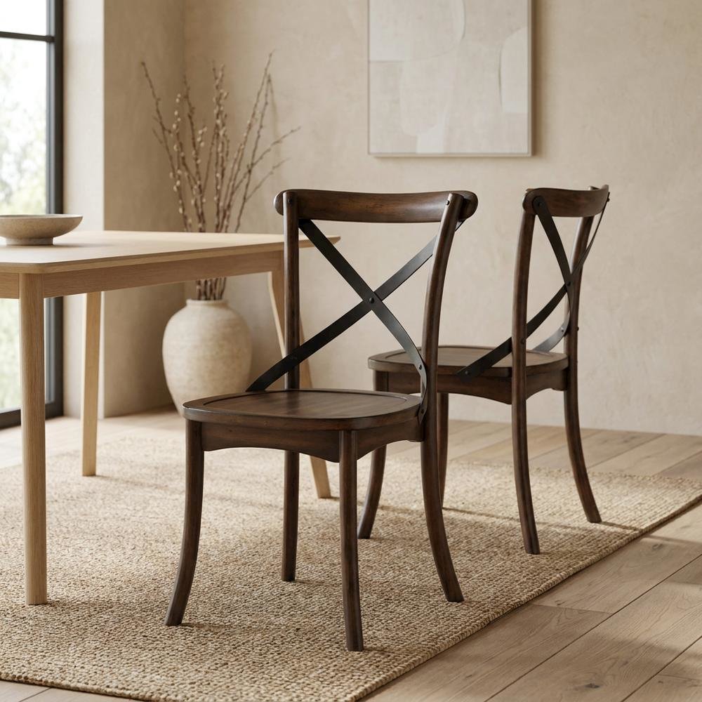 Wood Veneer Armless Dining Chair with Metal X-Back, Dark Oak & Black, Set of 2. Picture 4