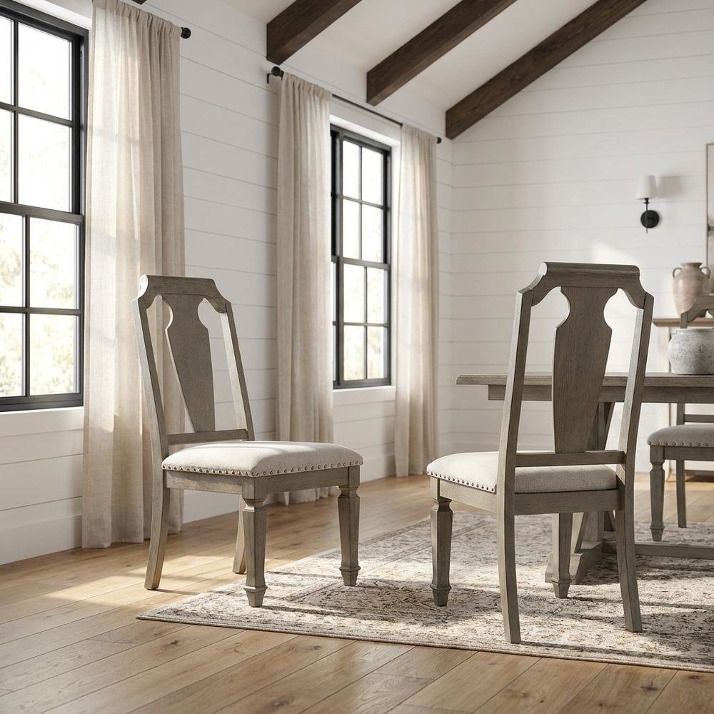 Linen Armless Accent Chair with Rubber Wood Legs, Beige Linen & Weathered Oak, Set of 2. Picture 3