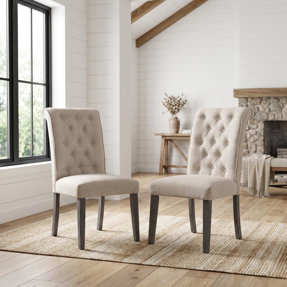 Linen Armless Accent Chair with Hickory Wood Frame, Beige Linen & Gray, Set of 2. Picture 3