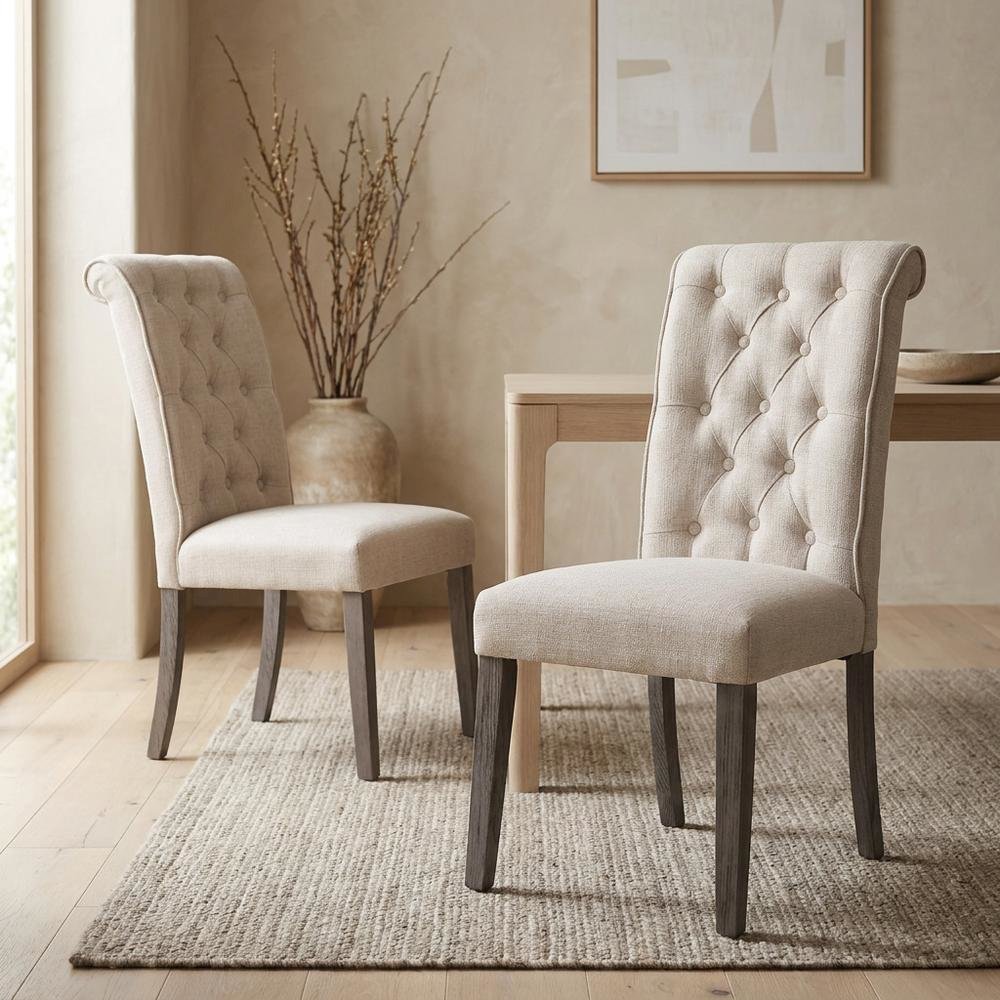 Linen Armless Accent Chair with Hickory Wood Frame, Beige Linen & Gray, Set of 2. Picture 4