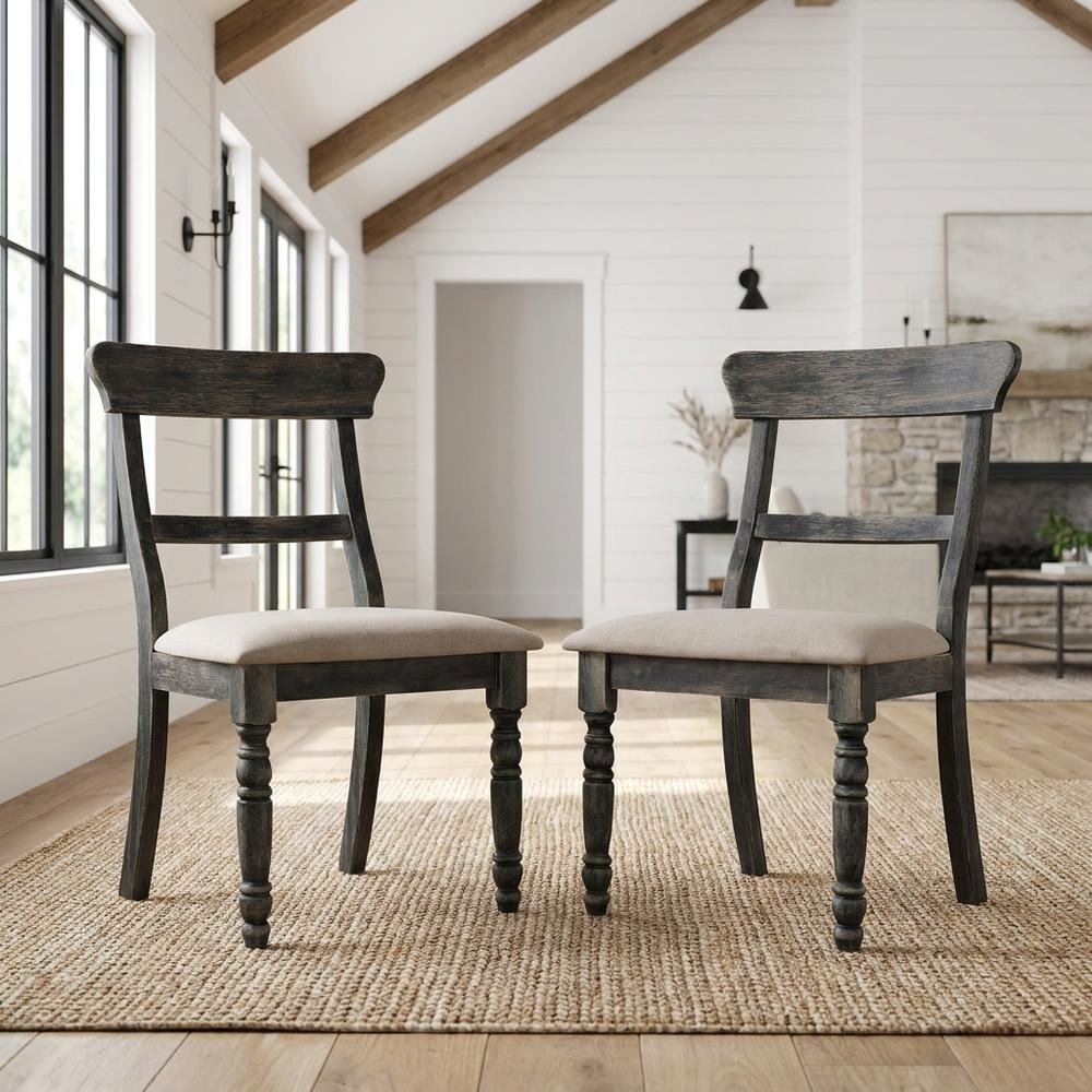 Fabric-Upholstered Wood Dining Chairs, Light Brown Linen & Weathered Gray, Set of 2. Picture 2