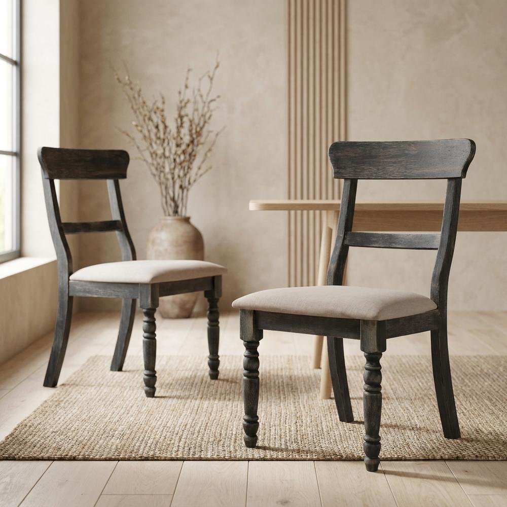 Fabric-Upholstered Wood Dining Chairs, Light Brown Linen & Weathered Gray, Set of 2. Picture 3
