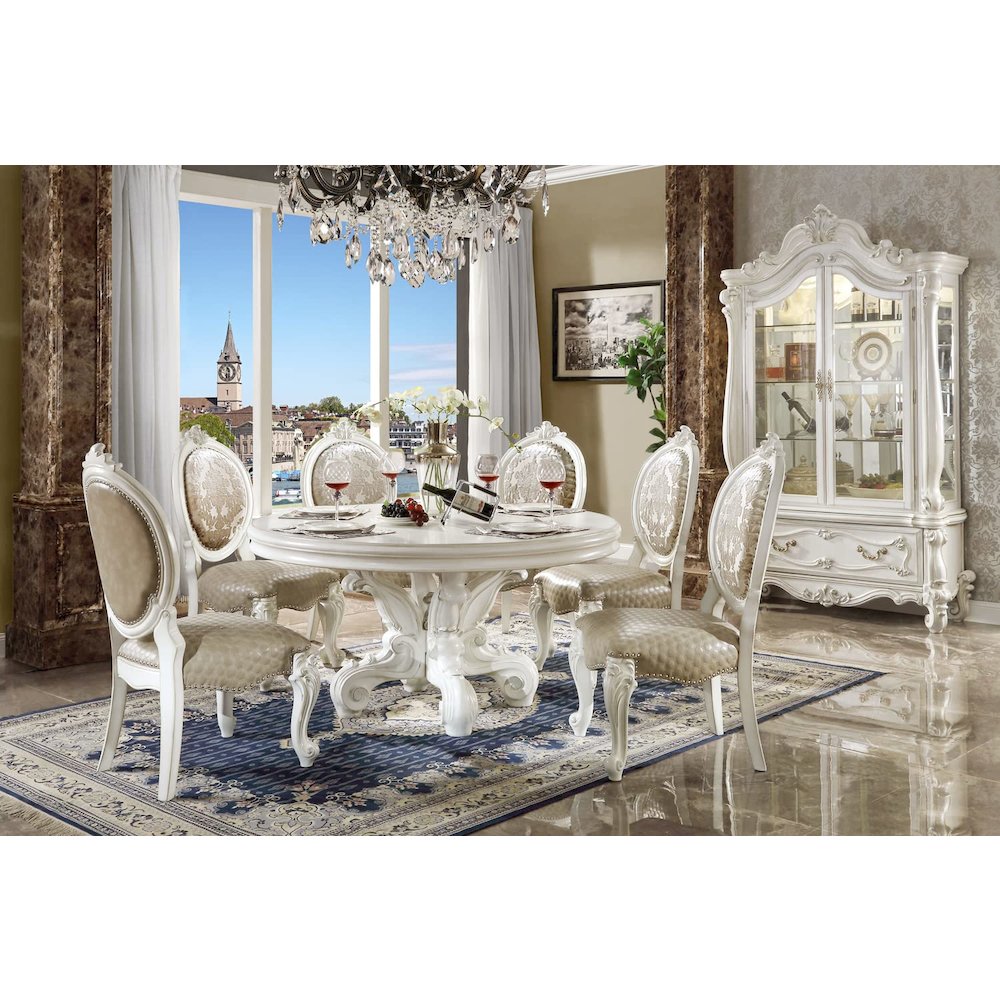 Versailles Round Dining Table Synthetic Leather & Bone White. Picture 5