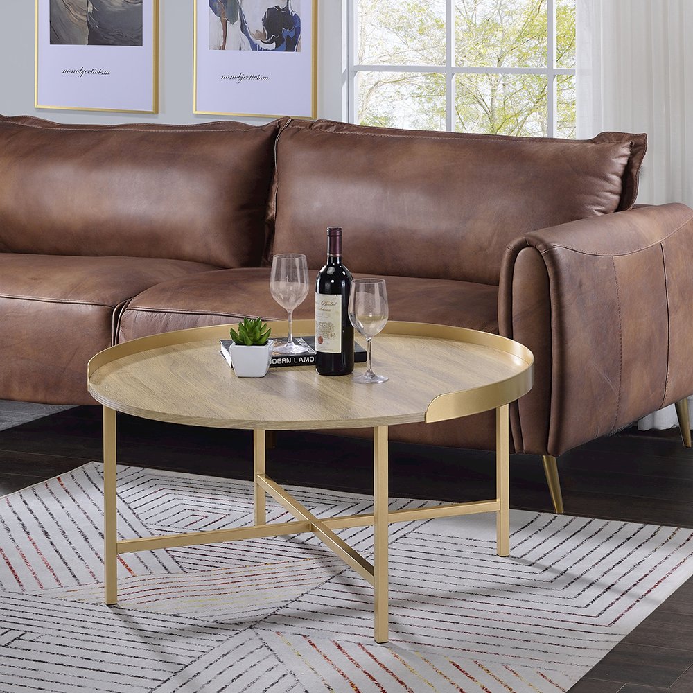 Mithea Coffee Table Oak Table Top & Gold. Picture 1